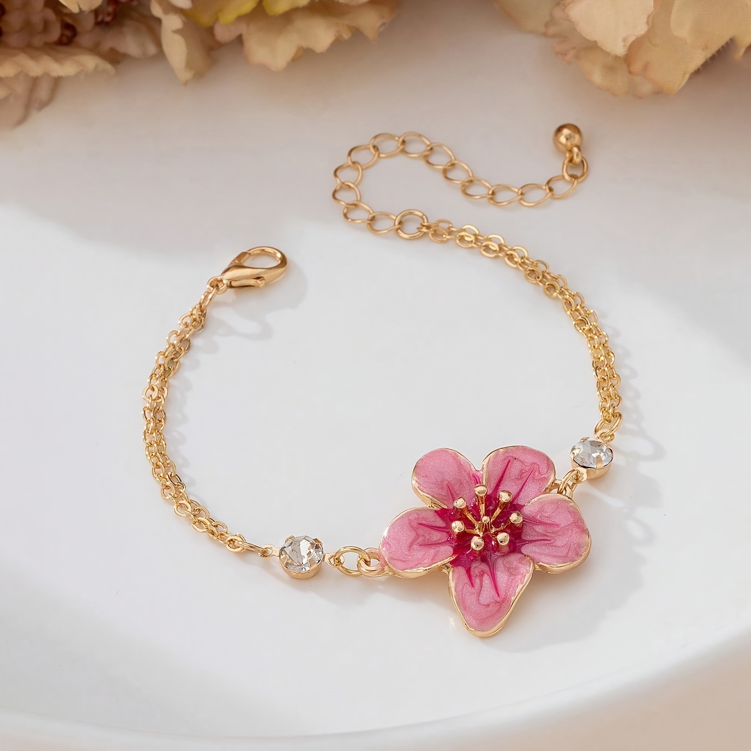 A Stylish And Vintage Romantic Bracelet For Women, Featuring A Handcrafted Gradient Pink Five-petal With Glass Inlays And Enamel Techniques