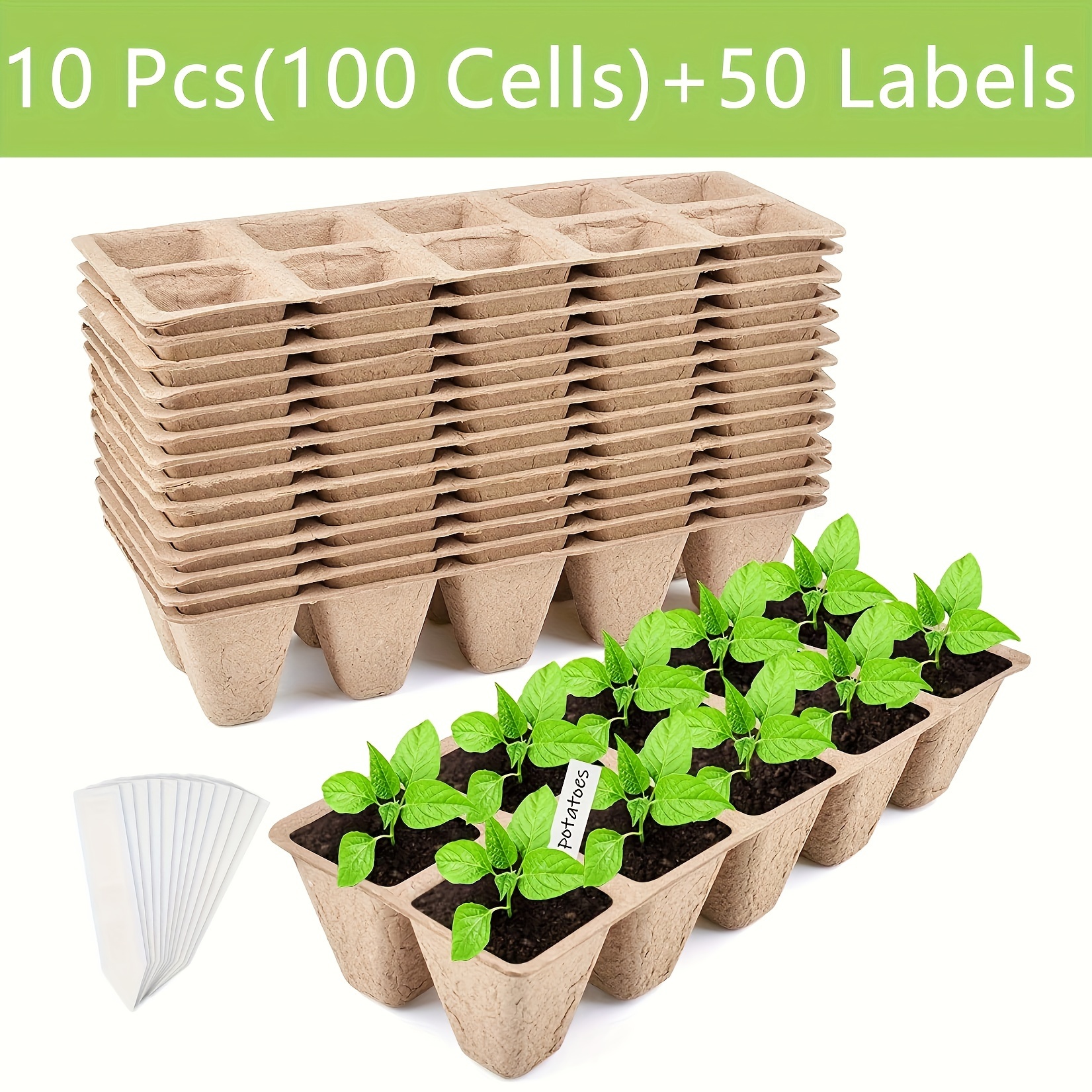 

100 Cells Seedling Pots Start Trays With 50 Labels, Garden 10 Pcs Peat Pots Seedling Pots Biodegradable, Seedling Starter Kit Germination Plant Starter Trays