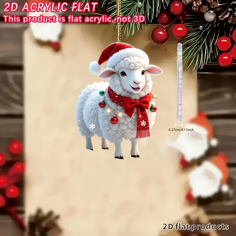 TEMU (2D Plat) 1 stuks en Esthetische Sfeervolle Kerst Schapen met Rode Hoed en Lint Ornament Licht Hanger, Kan Worden Gebruikt Als een Decoratieve