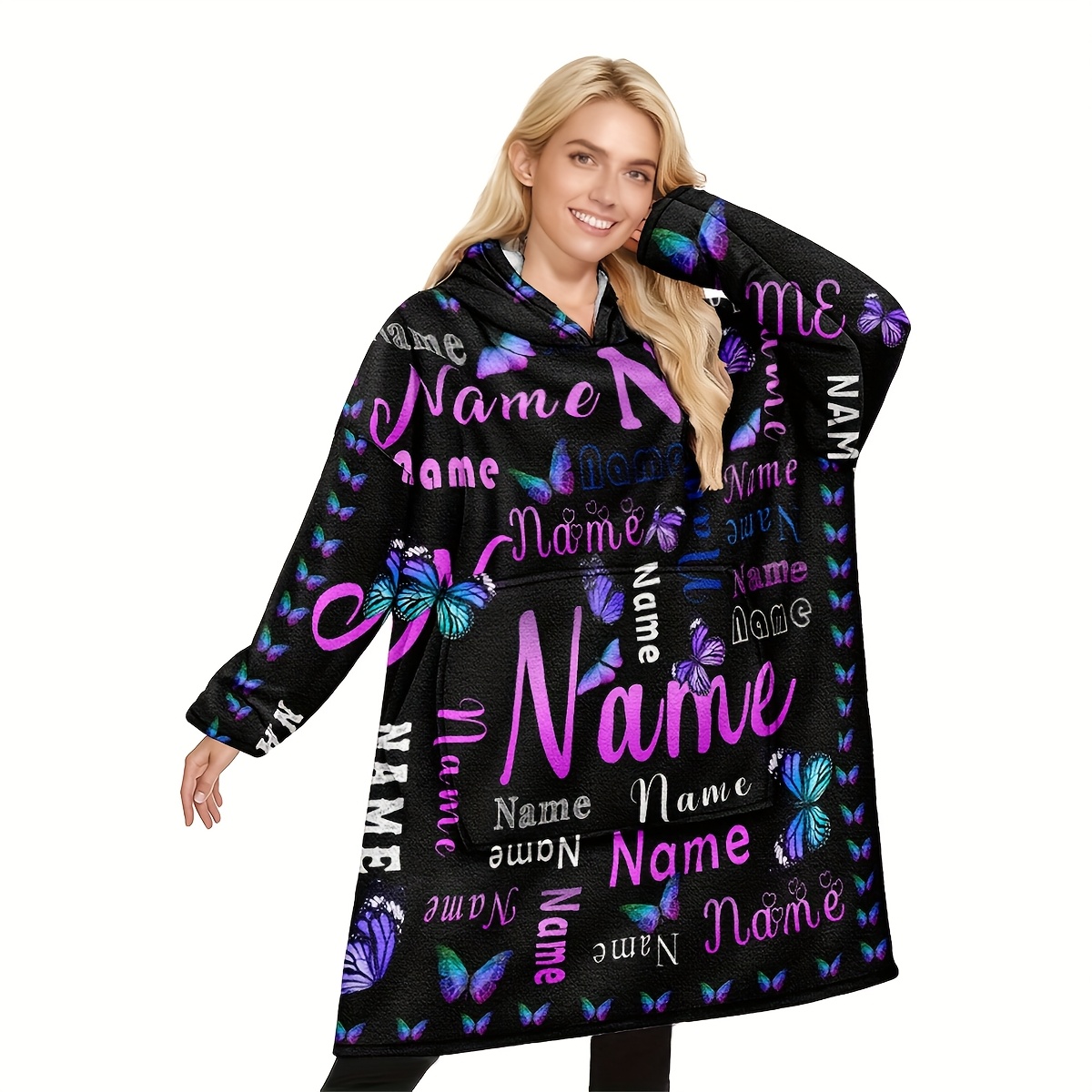 TEMU 1pc Ized Name/text Custom Wearable Hooded Blanket With Name/message - Soft Flannel Purple Gradient Bedspread With Large Pockets For Adults, For
