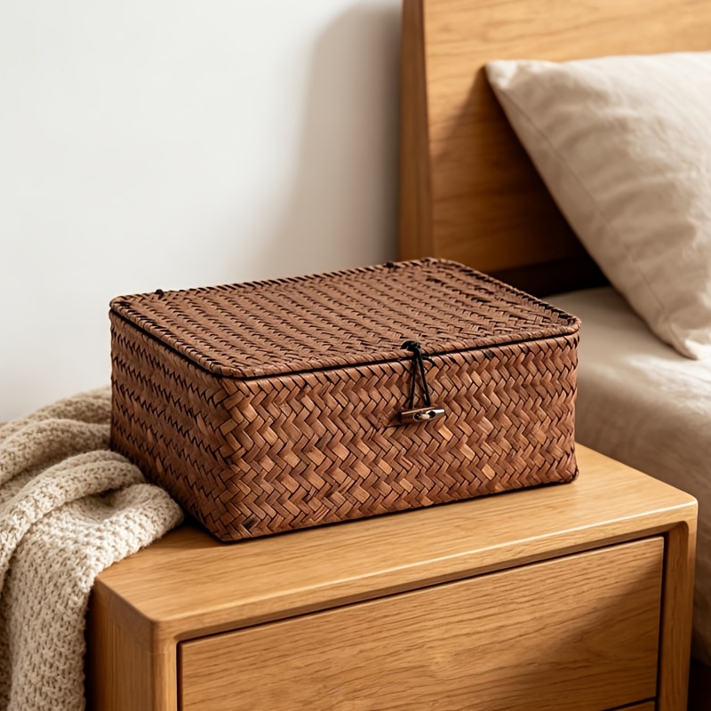 Hand-Woven Storage Basket with Lid & Wooden Clasps - Rustic Suitable for,, Crafts, Decor - Lightweight Portable Basket Suitable for Small Items, Gift for And, Shelf Baskets