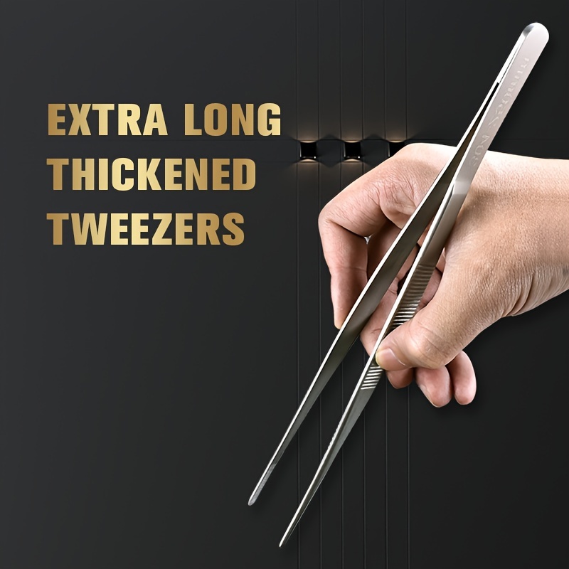 

1pc Extra Long Stainless Steel Tweezers, Gripping Tool For Aquarium, Feeding Turtles, Planting, Non-slip Straight And Curved Tips With Serrated Teeth