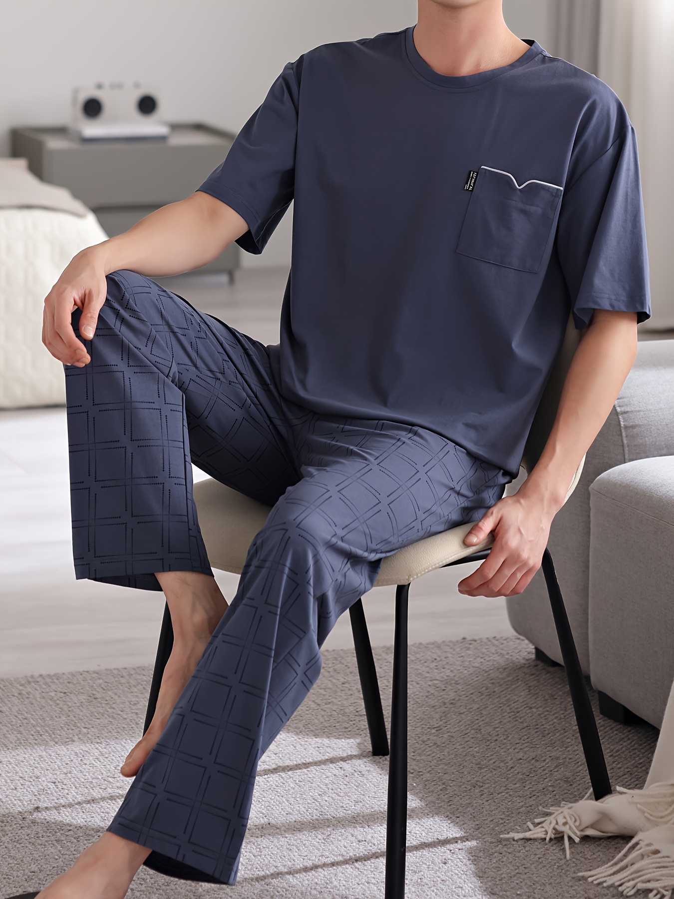Men'S Summer Cotton Pajama Set, Casual Crew Neck Short Sleeve Long Pants with Pocket, Knit Fabric, Regular Fit, Slight Stretch, Solid Color, No Belt, Home Wear - Large Size