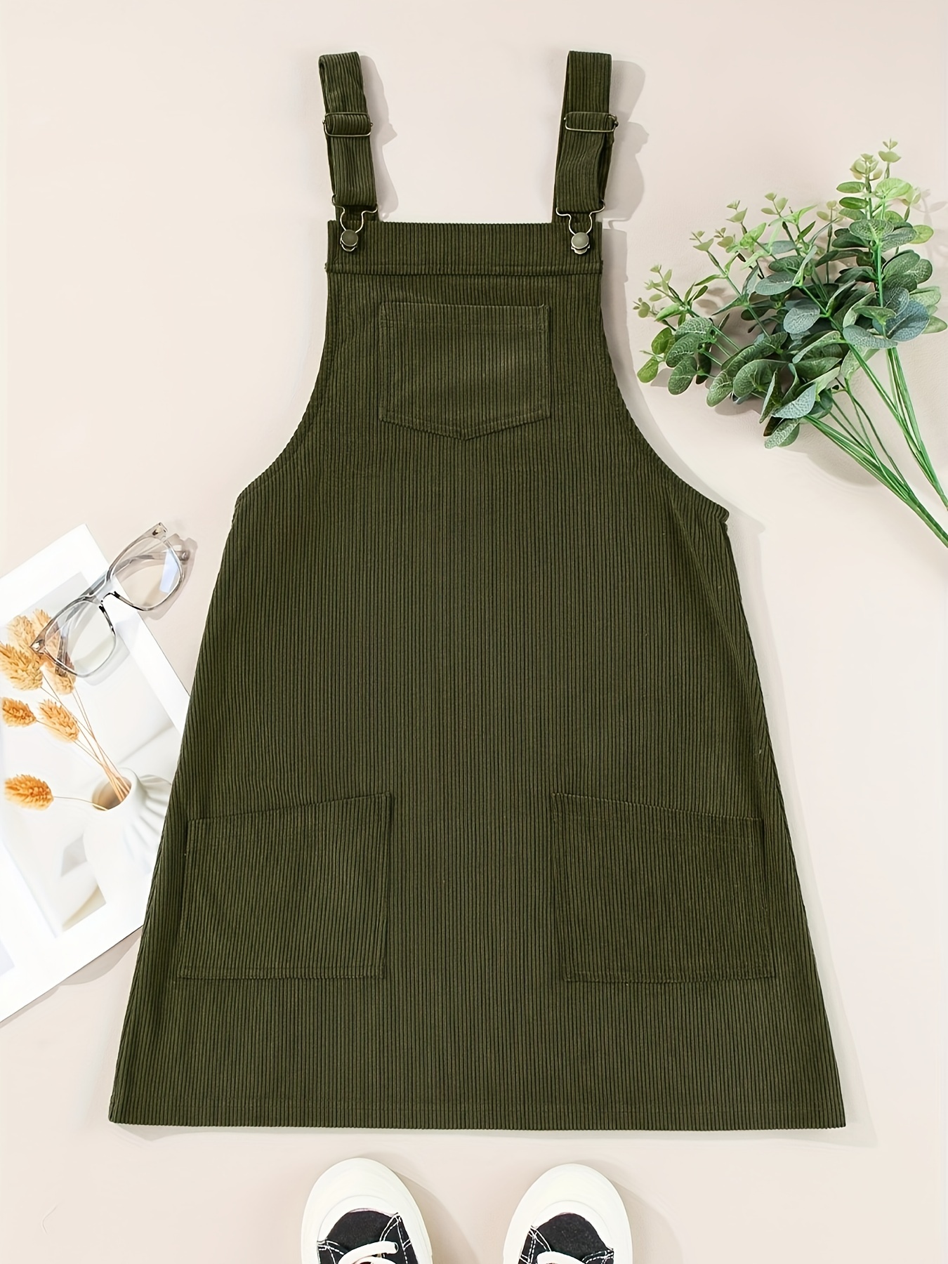 army green jumper dress Womens Green Solid Corduroy Overall Dress with Front Pockets Green / M main image 1
