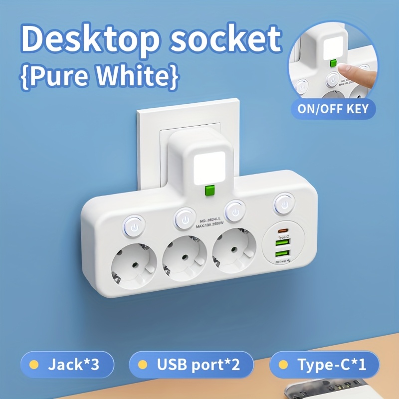 Wall-Mounted Power Strip/Power Socket/Power Strip, Independent Switch, 3 AC Outlets, 2 USB-A Ports, 1 USB-C Port, European Plug, 110-250V, Suitable for Bedroom, Kitchen, Living Room and Office,   Outlet, Multi-tap Socket Korean Type, C-type Socket