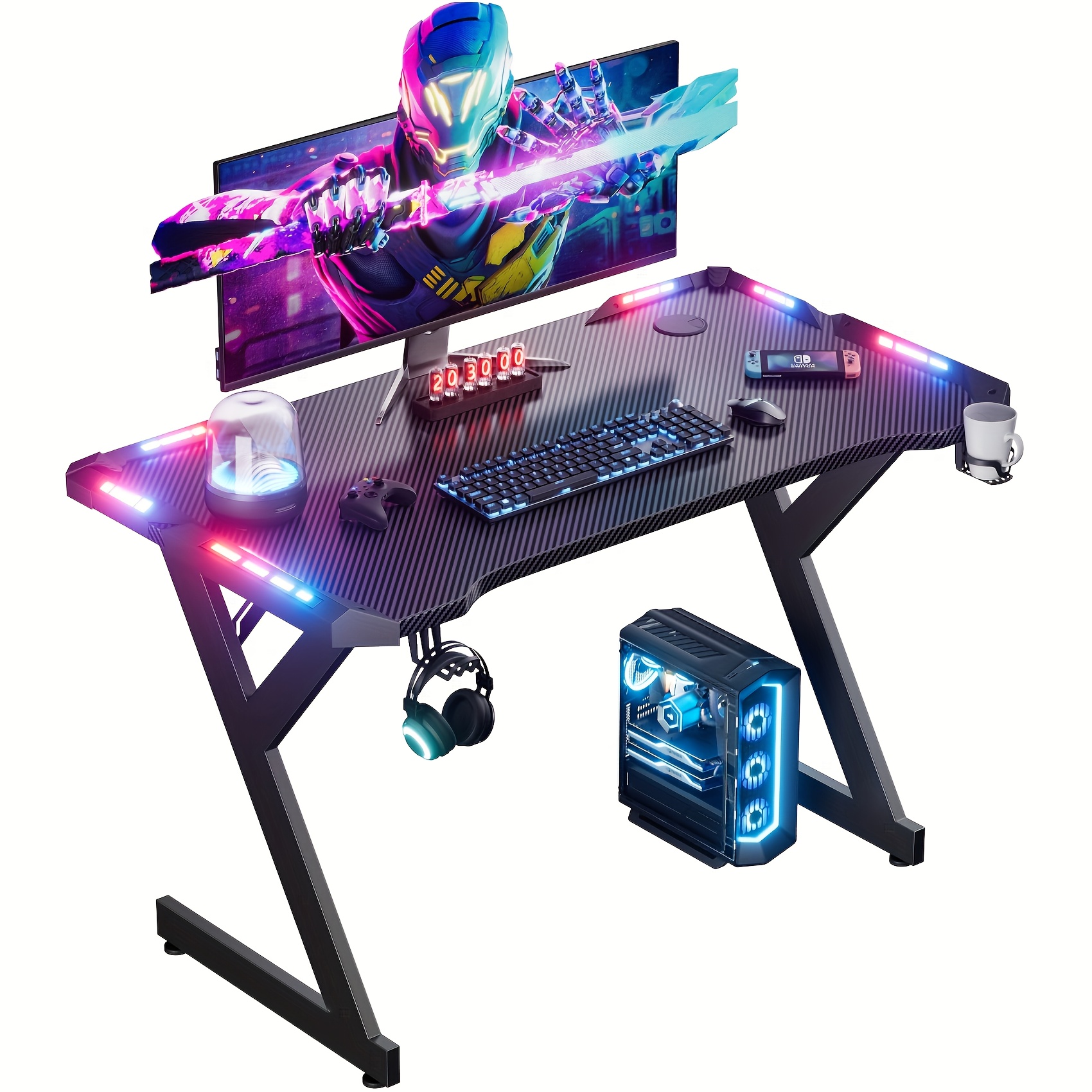 TEMU Furnishia Bureau de Jeu de Y de 40 pouces avec Lumières LED, Bureau d'Ordinateur Conçu Ergonomiquement, Bureaux de Bureau avec Porte-Gobelet et