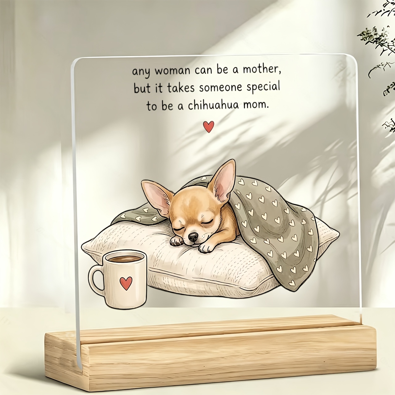 TEMU 1pc Sleeping Chihuahua Heart Cup Pattern Tabletop Ornament Paperweight, Inspirational Slogan, Warm Slogan, Acrylic Ornament, Home Decoration,