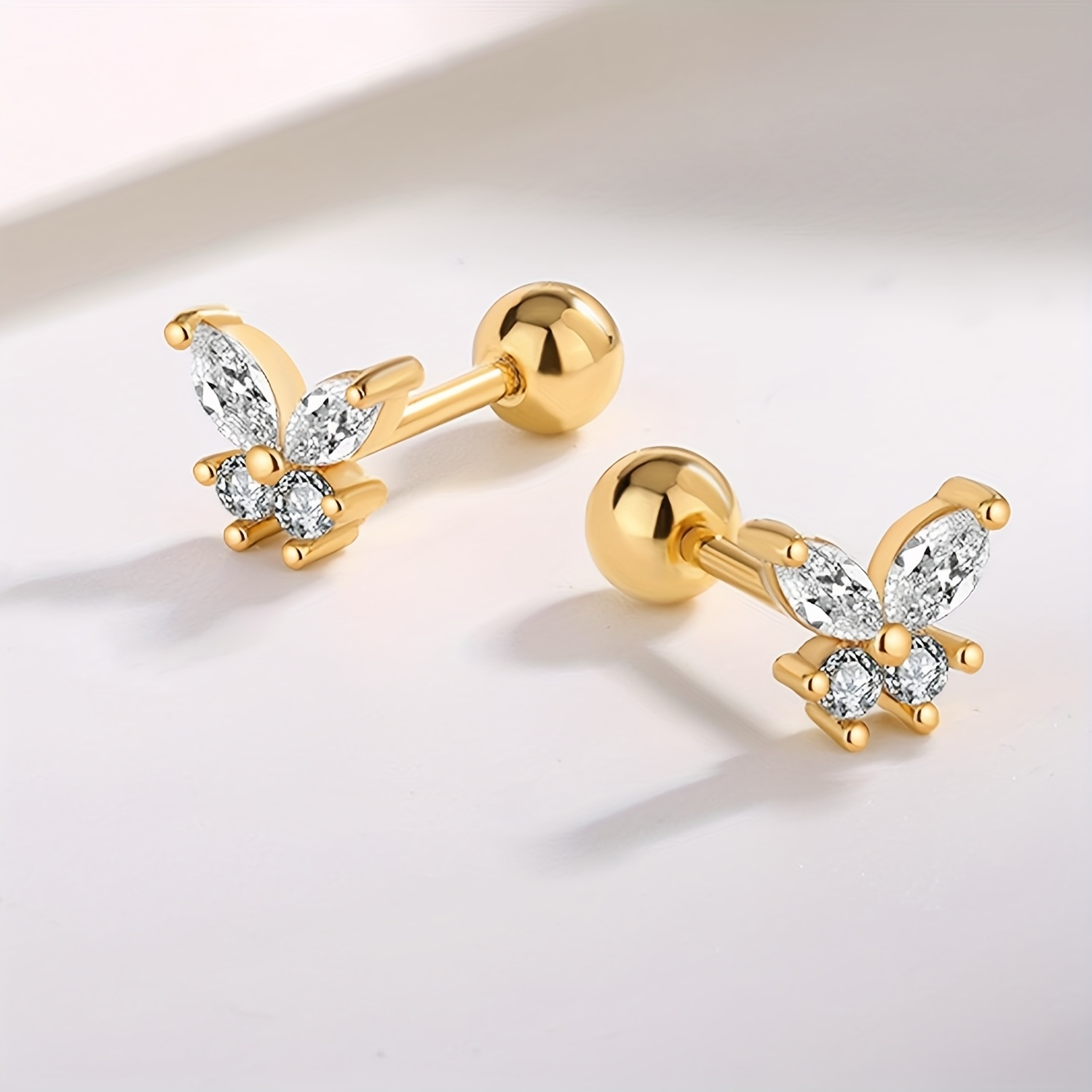 TEMU 1 Pair Of Small Cubic Synthetic Zirconia Geometric Pierced Ear Bone Studs, Stainless Steel Ball Fine Needle Screw Twist Ball Sweet Earrings