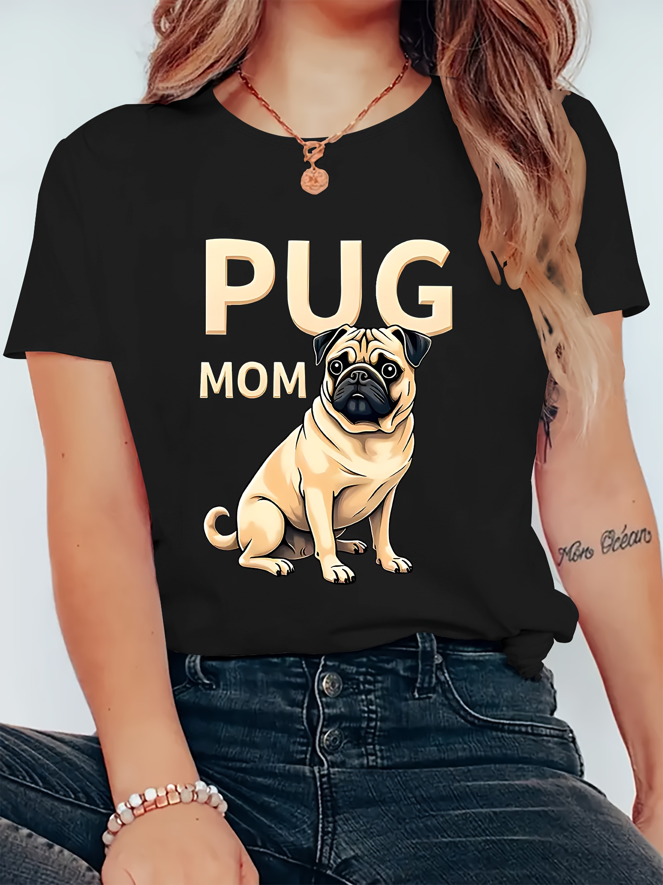 everyday women's pug and floral print t-shirt casual crew neck