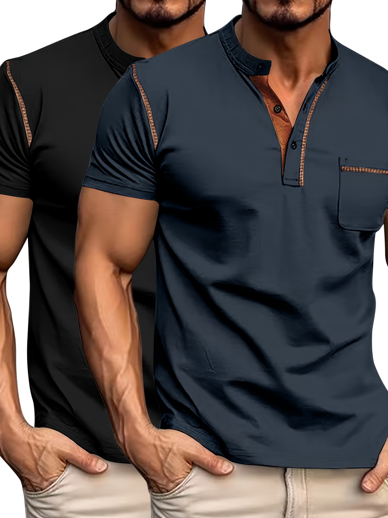Conjunto de duas peças casual para homem, camiseta, camiseta de manga curta com decote em V e detalhes de botão, camiseta desportiva ajustada.