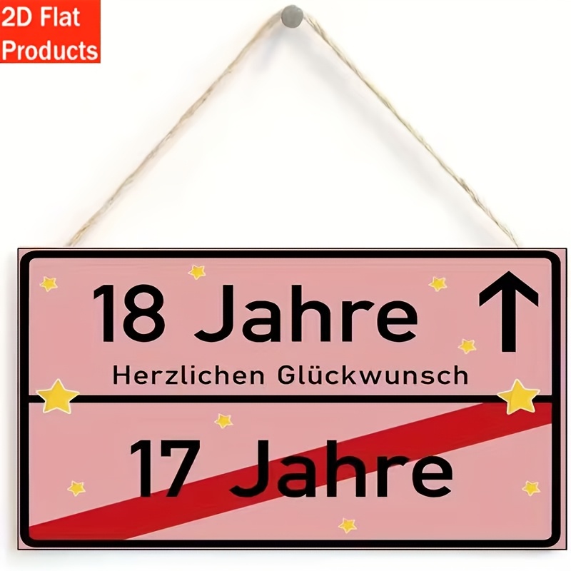E-shop Deutsche Wandtafel zum 18. Geburtstag – Rosa & Gelber Stern, geeignet für Partydekorationen für 17/18-Jährige, Holzschild mit „Herzlichen