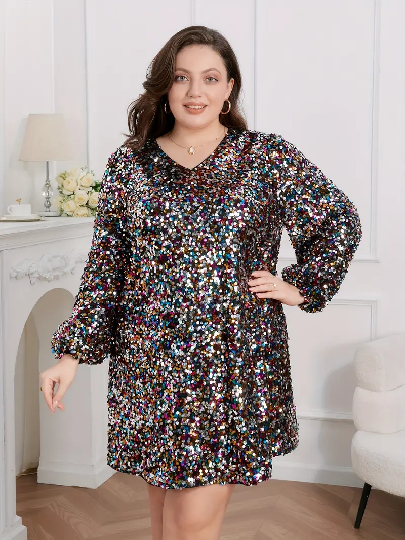 birthday sequin dress plus size Plus Size Women's Long Sleeve Contrast Color Mesh Sequin Long Party Dress, Bridal Gown, Birthday Outfit, Graduation Dress, Formal Evening Gown