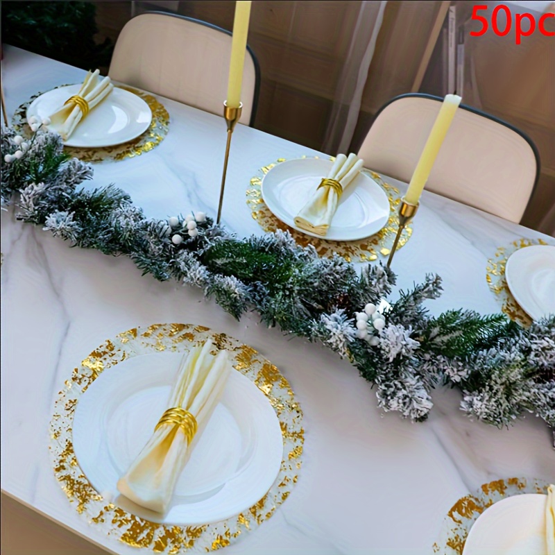 

50pc Round Golden Foil Pressed Disposable Placemats For Dining Table - Polyester Woven Dry Clean Solid Color Mats For Wedding, Birthday, Hanukkah & Home Decor