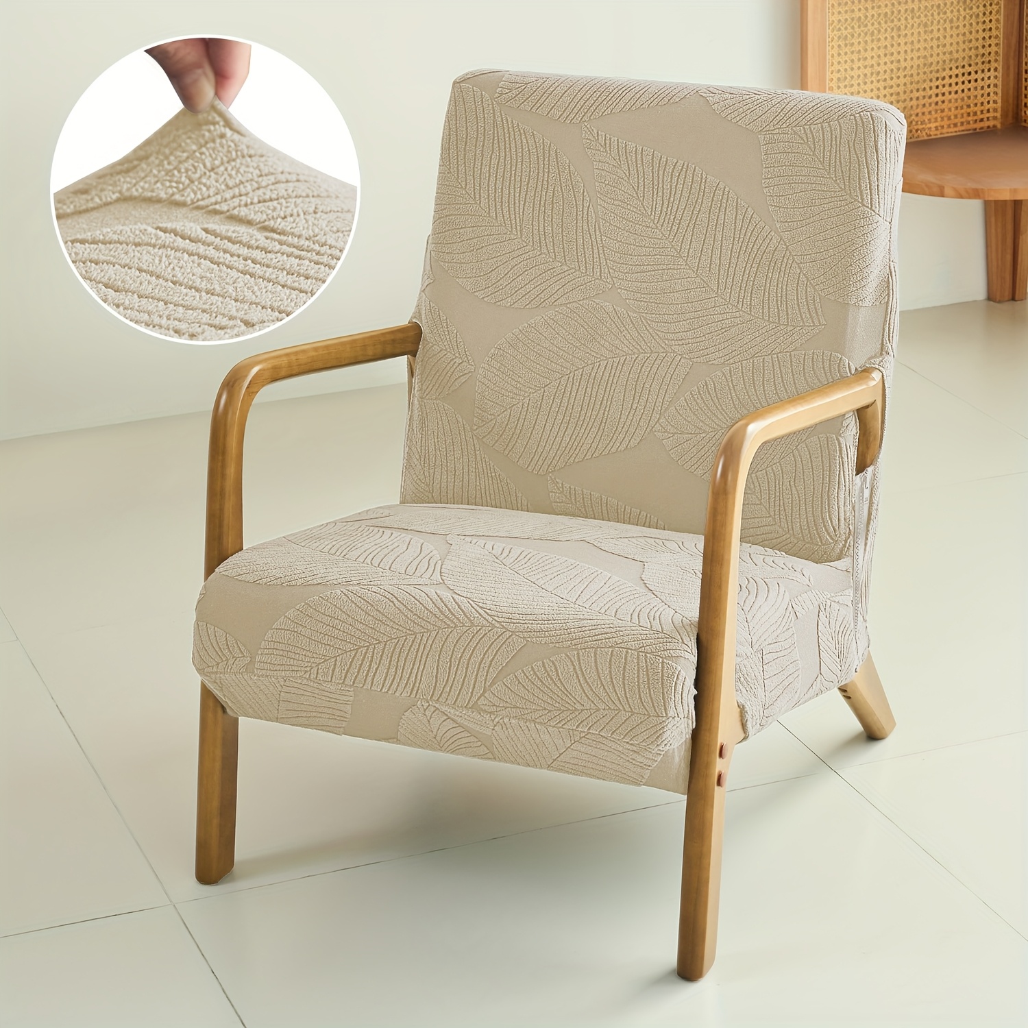 TEMU 1pc Leaf Pattern Chair Slipcover - Elastic With Side Zipper & Bottom Ties, Pet-friendly Machine Washable Fleece Fabric, Contemporary Home Decor