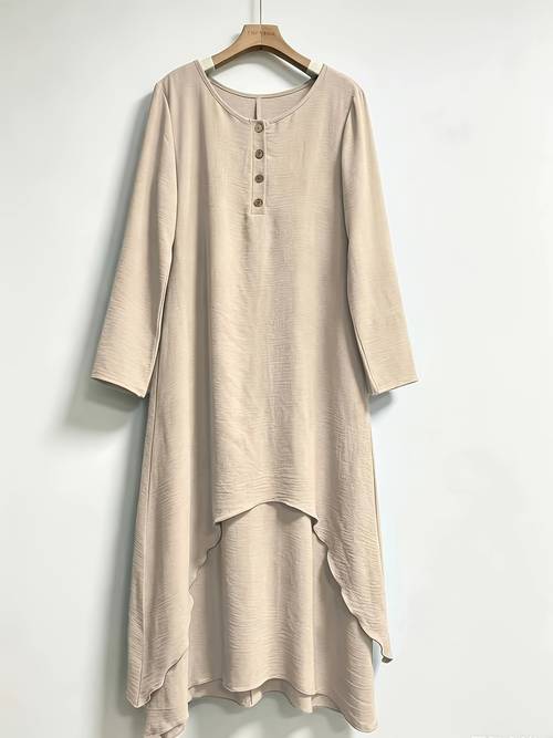 womens elegant solid color maxi dress with double layer asymmetrical hem half open front round neck long sleeve dress vintage suitable for banquets weddings fall winter formal events machine washable outerwear