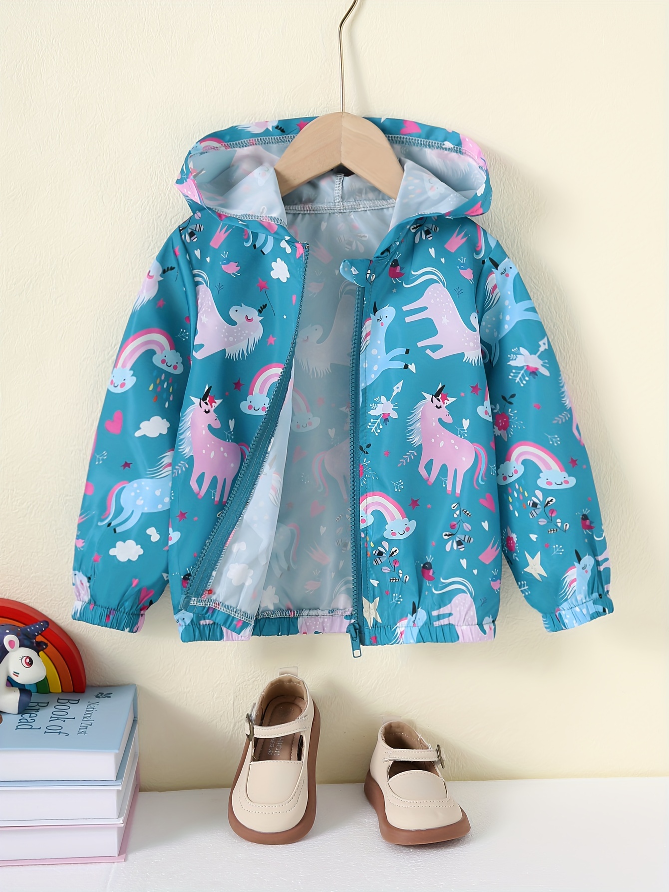 girls' cartoon unicorn print hooded windbreaker coat casual Temu