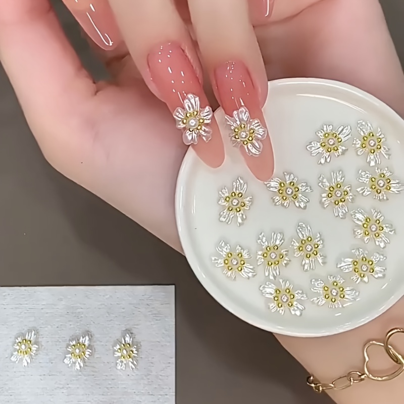 

10pcs 3d Nail Art Charms With Pearl Accents, Elegant Acrylic White Daisy Nail Decorations, Unscented Nail Jewelry For Diy Manicure And Nail Art Design