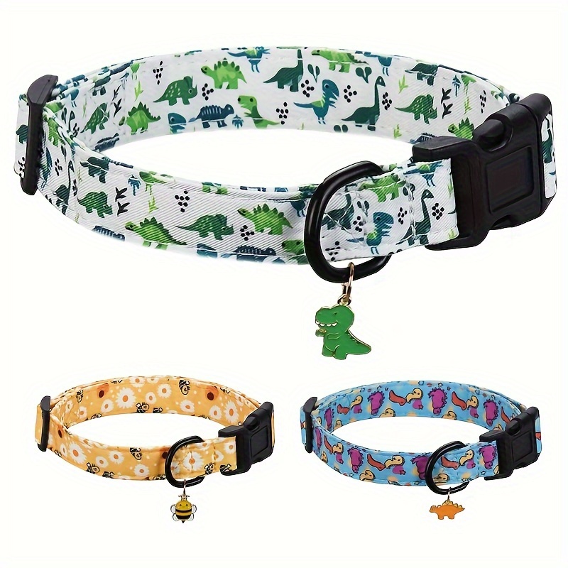 

Adjustable Bee & Dinosaur Print Dog Collar With Bell - Durable Polyester, Animal Patterns Vary