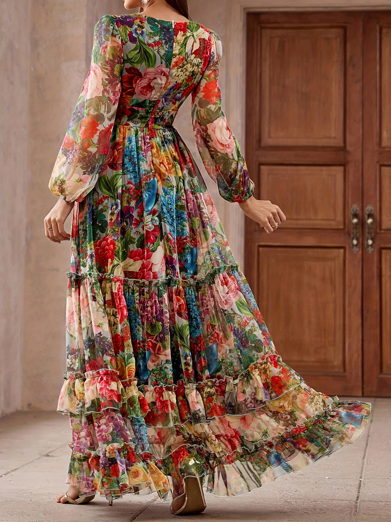 Women S Floral maxi dress - Elegant V-Neck long Formal/Party/Everyday dress with flared hem, Flowy A-Line silhouette, Zipper back, for Weddings,  , Office - WJ428, Wedding Guest Attire, Fitted Bodice, Lightweight Fabric, Stylish Gown,  , One-piece Summer Women New Arrival, Large Size Women Dress Elegant, Dress For Plus-sized Women