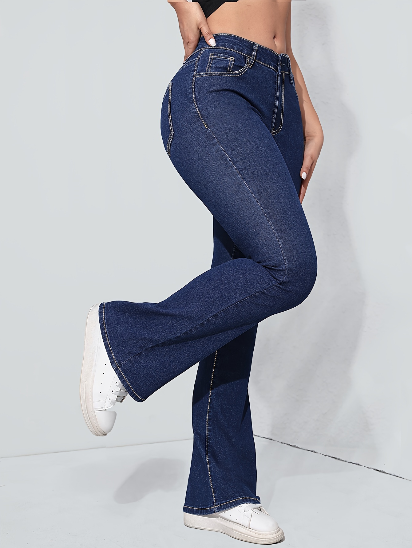 Plain High Stretch Flare Leg Jeans High Slash Pocket - Temu