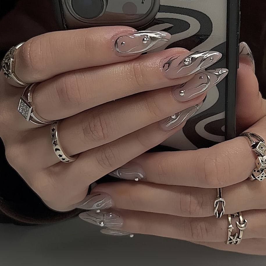 

Up With 24pcs Short Nail Gothic Metallic Silvery Flame 3d Pearl Full Coverage False Nail Stickers Set For Women & Girls