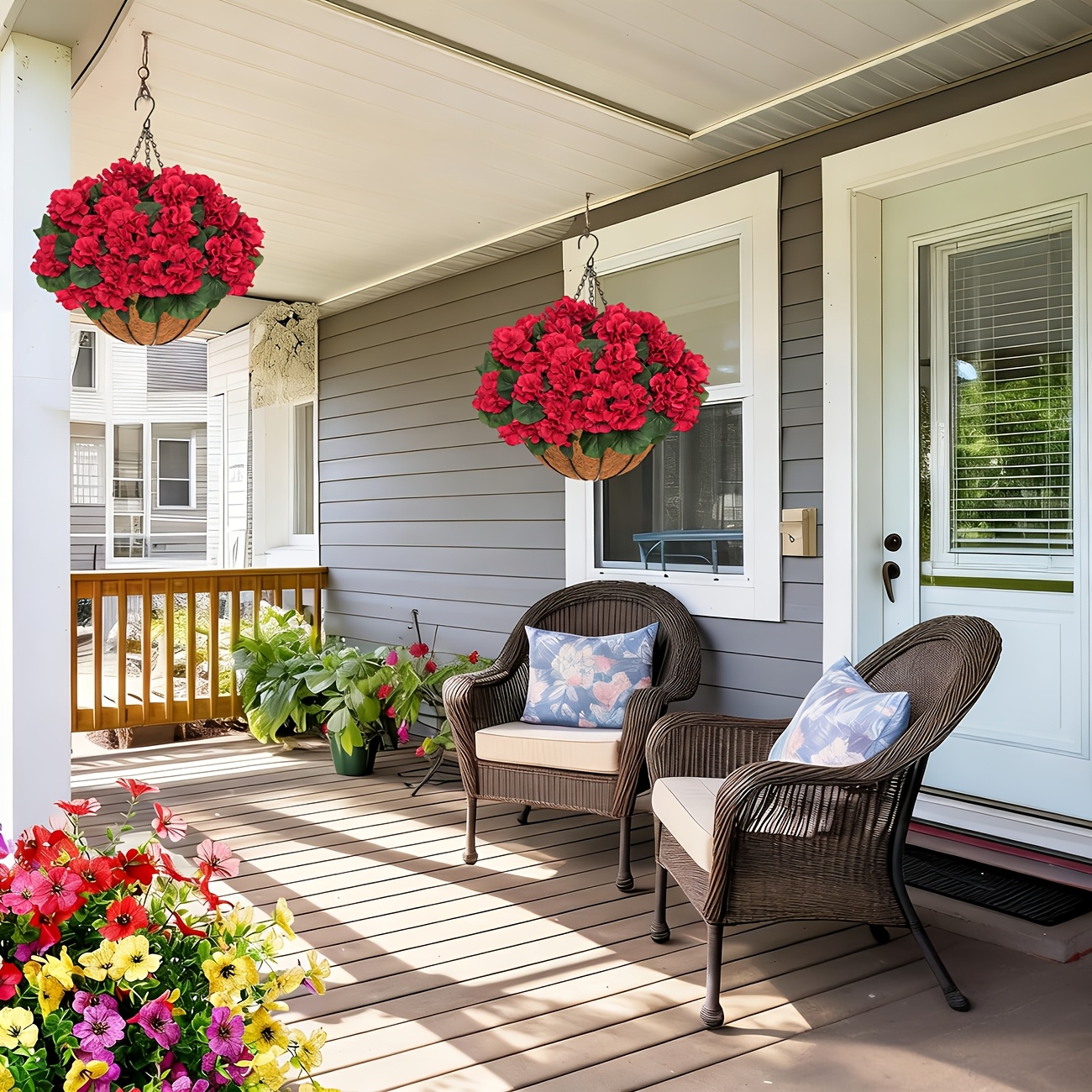 2 Sets Artificial Red Geranium Flowers with Hanging Baskets and Planters, 12pcs Each for Garden and Home Decor