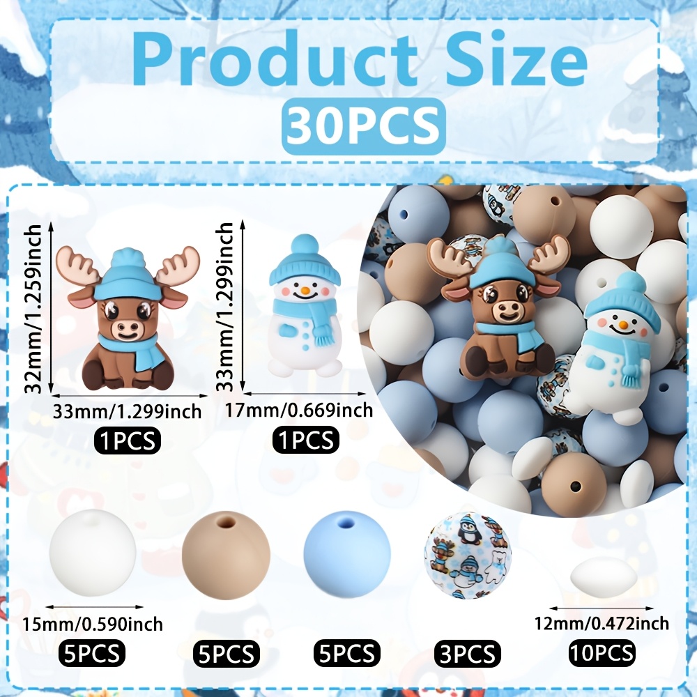 TEMU 30pcs 3d Winter Snowman Elk Silicone Beads, Christmas Winter-themed Silicone Beads Wholesale For Jewelry Making, For Bracelets, Lanyards, Beaded