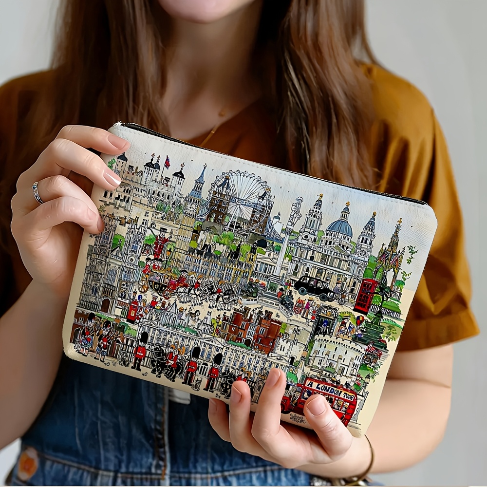 TEMU 1pc, London City Impression Cosmetic Bag, Printed With Multiple Iconic Landmarks Of London, Double-sided Printing, Foldable Travel Toiletries