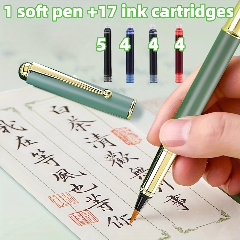 Image of 1 Soft Pen + 17 Ink Cartridges, 4 Soft Pen + 17 Ink Cartridges, Wolf Hair Elegant Brush, Tap Water Brush, Portable Small Regular Script Calligraphy Special Pen