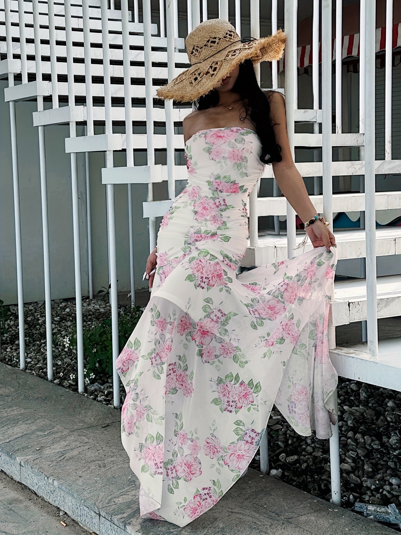elegant floral mesh shoulder maxi dress women