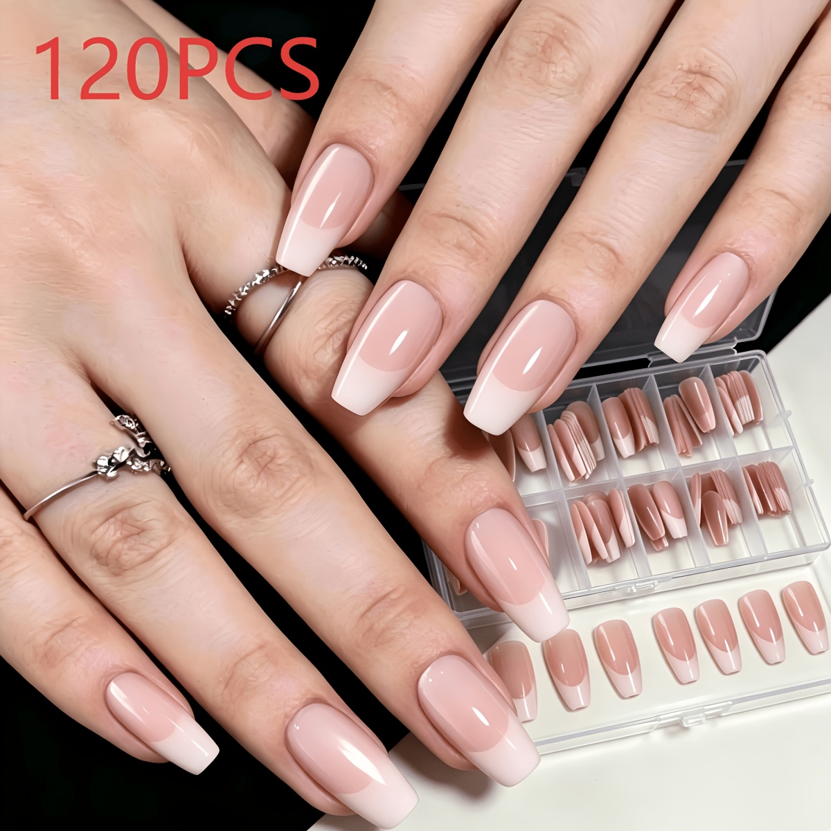 TEMU Long Coffin-shaped 120pcs Large Capacity Box Set: Full Coverage Of 12 Sizes, -one Press-on False Nails, Nude Pink Base Color + Clean
