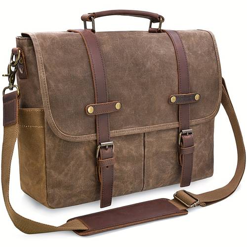 mens messenger bag 15 6 inch vintage waxed canvas briefcase large genuine leather computer laptop bag rugged satchel shoulder bag brown