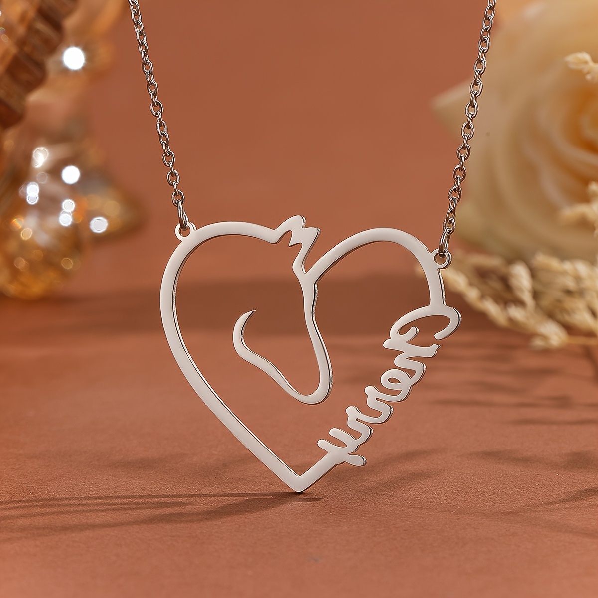 

Custom Horse Heart Name Pendant Necklace, Personalized Equestrian Stainless Steel Jewelry, Cute Animal Theme, Women's Accessory, Perfect For Christmas Gift For