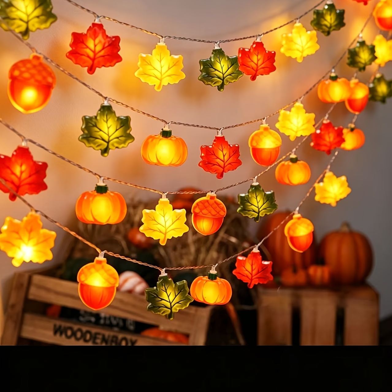 Image of Plastic Pumpkin Maple Leaf Shaped Led String Warm Halloween Thanksgiving Decoration For Indoor Outdoor Camping Tent Porch Fireplace Use Not Battery