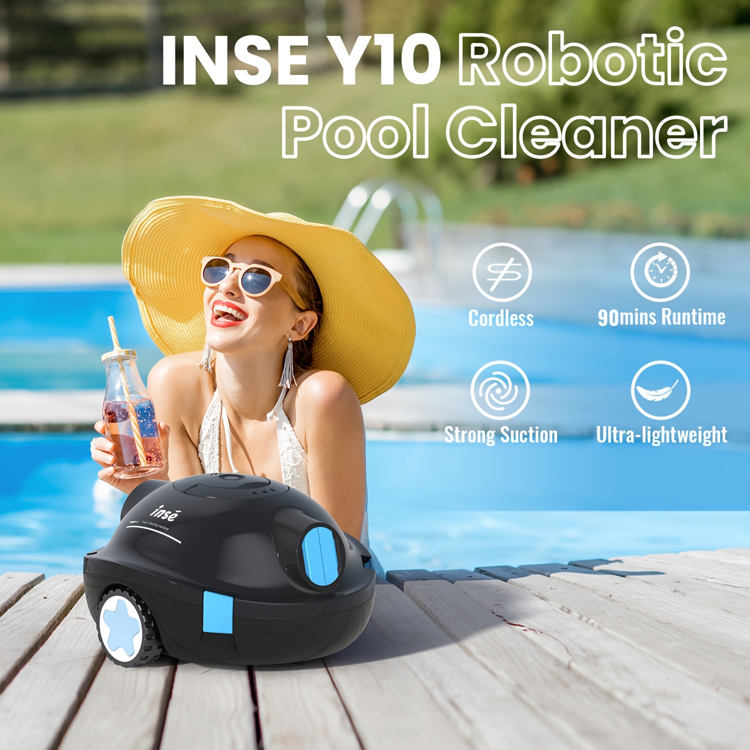 

Inse Cordless Robotic Pool Cleaner, Automatic Pool Vacuum, 90 Mins Runtime, Powerful, Self-parking, Lightweight, Ideal For Flat Above/in-ground Pool Up To 65 Feet/1100 Sq.ft