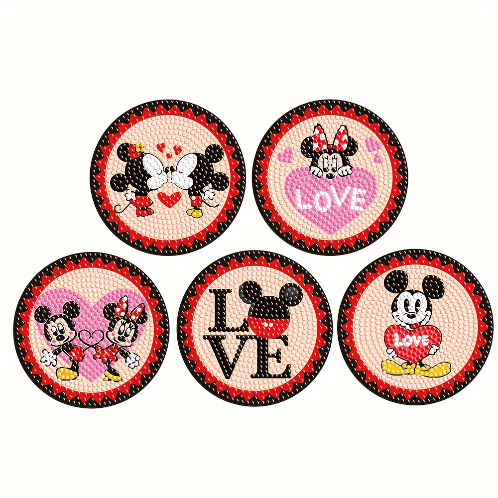 

5pcs Artificial Diamond Art Painting Coasters Minnie Mickey Cute Cartoon Pattern Drink Cup Mat Pad Table Insulation Pad Home Kitchen Decor Diamond Embroidery Mosaic Art And Craft Gift