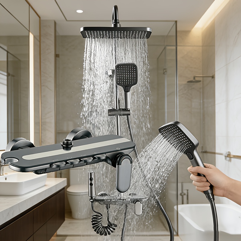 Image of Shower Faucet Set With European Design, Featuring A Thermostatic Model With 4 Water Flow , A High-pressure Rain Showerhead, A Handheld Sprayer, And Easy-to-clean Self-cleaning For Bathroom Use