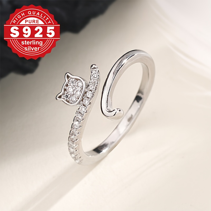 Women's Adjustable S925 Sterling Silver Cat Ring with Cubic Zirconia