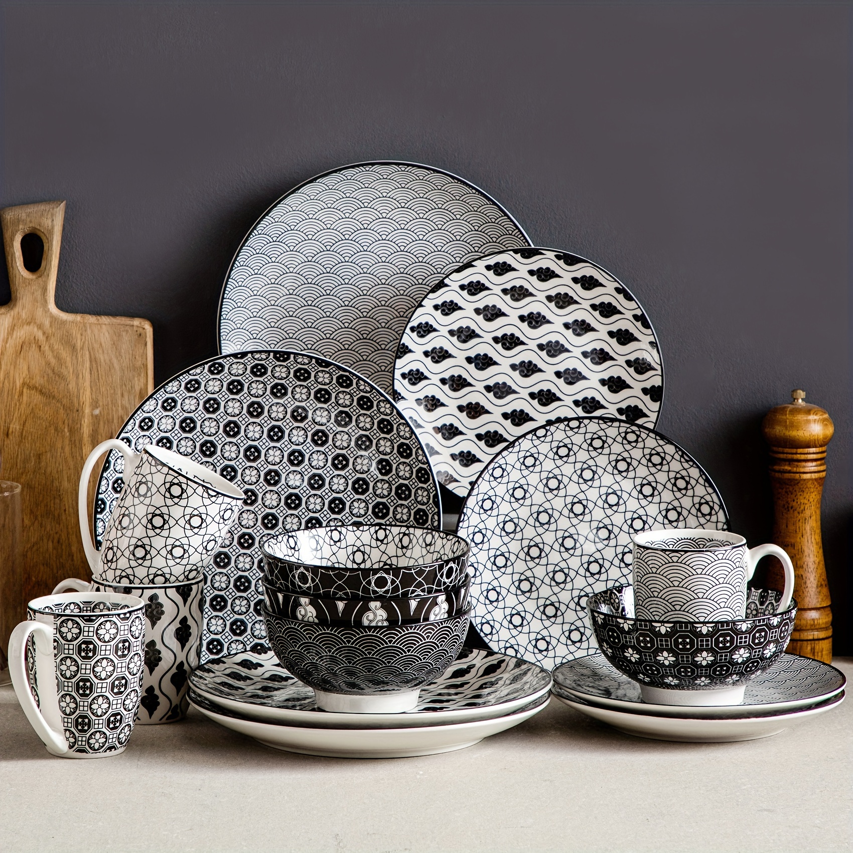 Muticolour Dinner Set 16pcs Stoneware Dinnerware Set For 4, Handpainted Pattern Ceramic Combination Set Dishwasher And Microwave Safe