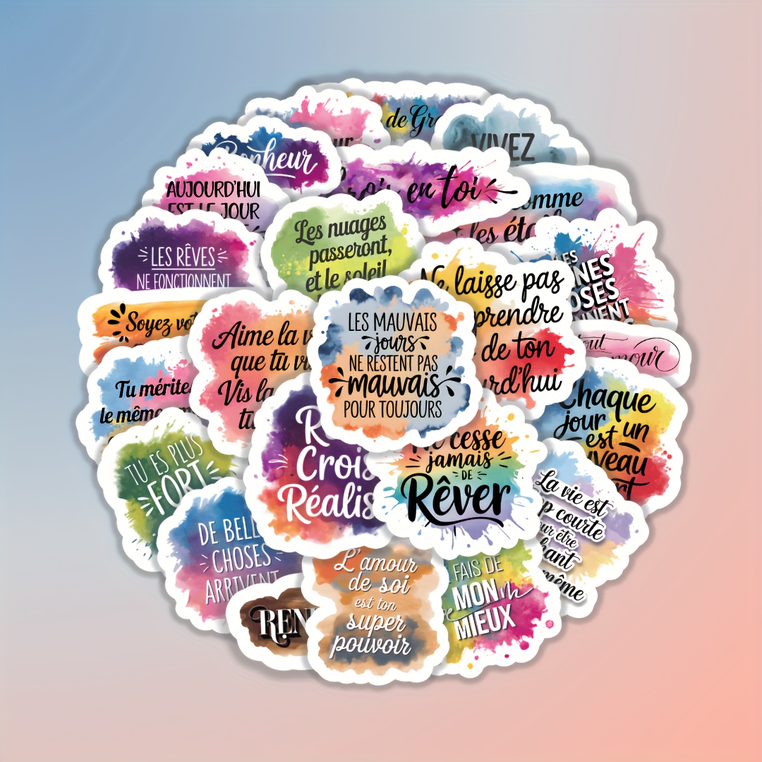 TEMU 25 autocollants de motivation aquarelle française, design créatif pour journaux, cartes, ordinateurs portables, téléphones, tendance