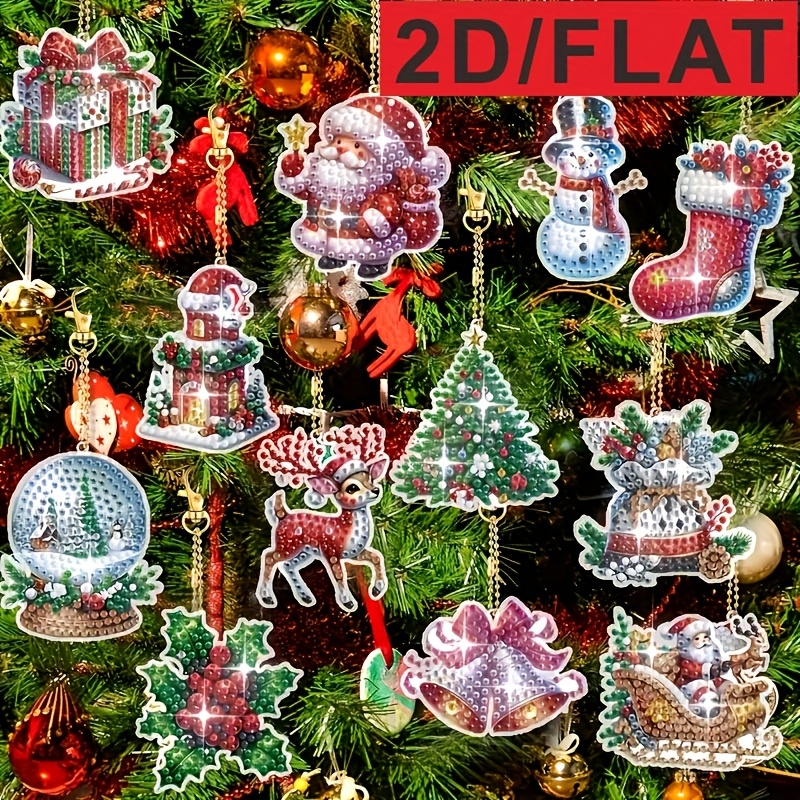 Image of Christmas 12pcs 2d Diy Holiday Theme Diamond Painting Kit - Pendant, Acrylic Round Diamond Keychain Pendant Crafts, Decor Christmas Tree Hanging Ornaments