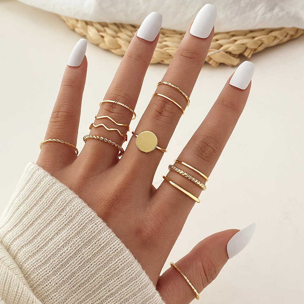 

12 Pcs Minimalist , Smooth & Wave Textured Thin Stackable Rings For Women, Fashionable Party Jewelry Accessory,