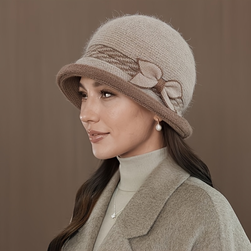 TEMU 1pc Women's Outdoor Hat With Bow Decoration, Contrast Edge Easy Striped Short Brim Retro Unisex For Autumn Winter Middle-aged Mothers Warm And