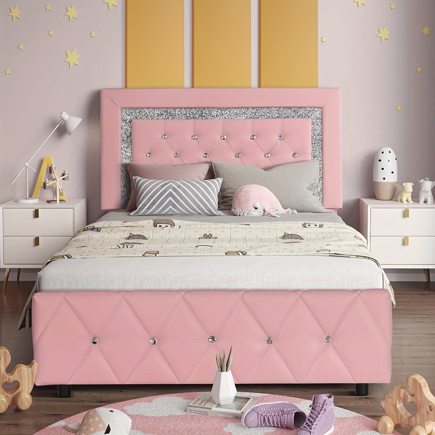 TEMU Twin Size Bed Frame With Adjustable Diamond Headboard, Upholstered Pu Leather Platform Bed With Headboard&footboard, Heavy Duty Wood Slats, Spring Need,