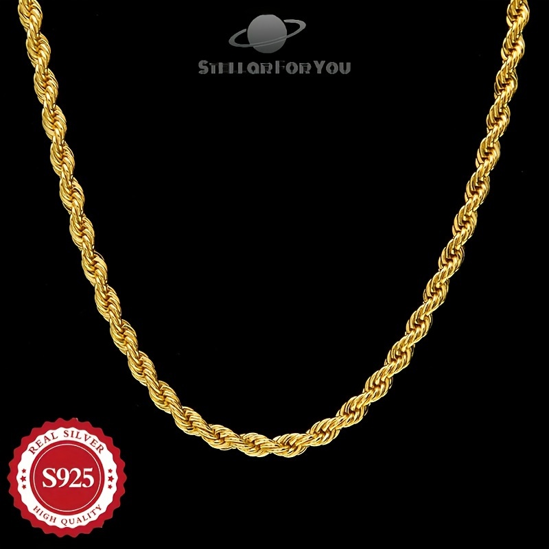 TEMU 24k Gold-plated -s925 Sterling Silver Twisted Chain, 4mm Wide, Classic And Versatile Necklace, Suitable For Men And Women, A Jewelry Gift For