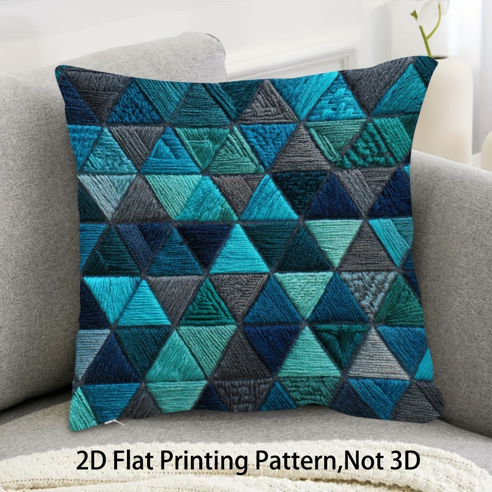 TEMU 1pc Turquoise & Grey Mosaic Triangle Stained -effect Pillow Cover - Double-sided Short Plush Case With Zipper Closure, Teal Blue/green// For