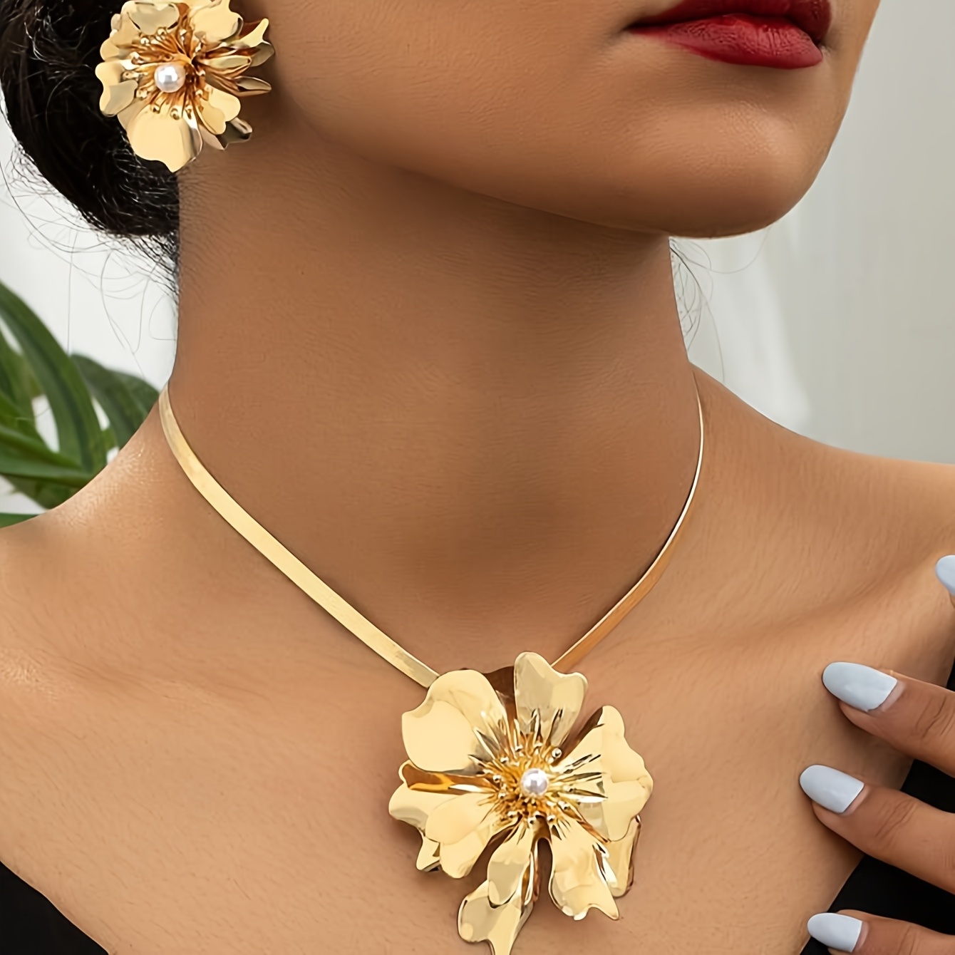 TEMU Elegant Floral Jewelry Set For Women - Vintage-inspired Necklace & Earrings, Casual Attire