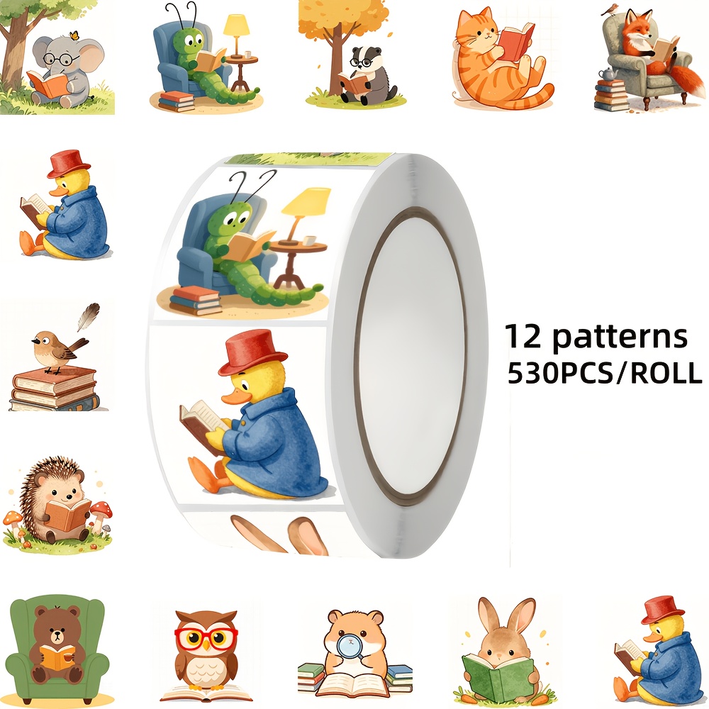 TEMU 530pcs Animal Reading Theme Stickers, 12 Pattern Designs, Suitable For Decorating Laptops, Tablets, Notebooks, Envelopes, Gift Boxes, Luggage,