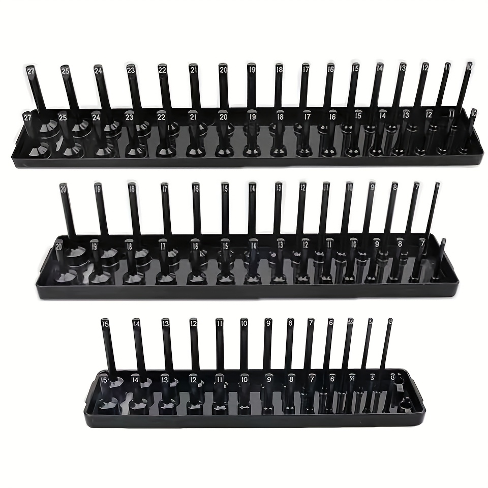 TEMU 3-pack Plastic Socket Tray Set - Stackable Durable Storage Racks, Compatible With 1/4", 3/8", 1/2" Socket Drivers (deep & Standard), For