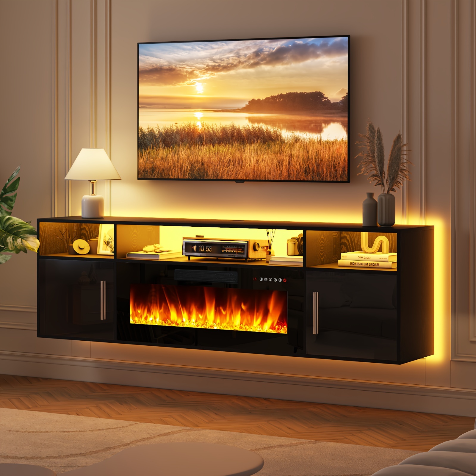 TEMU Floating Fireplace Tv Stand 70'' Wall Mounted Shelf, Led Light Entertainment Center And Storage, Modern Wood Media With Highlight Cabinet For